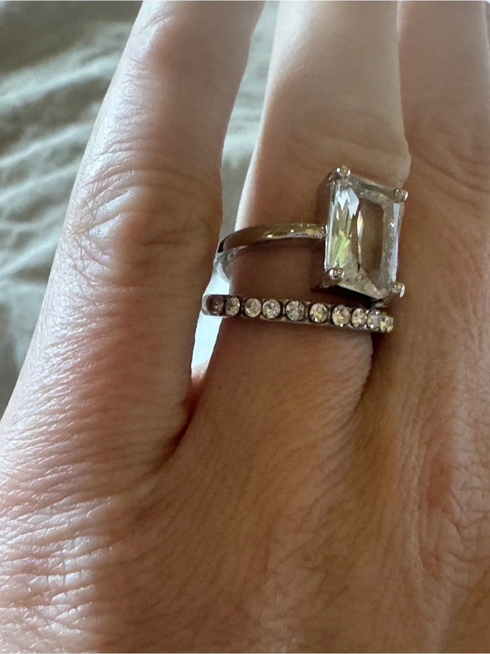 Silver-Toned Crystal Solitaire & Pavé Band Ring Set - Size 7! NEW!